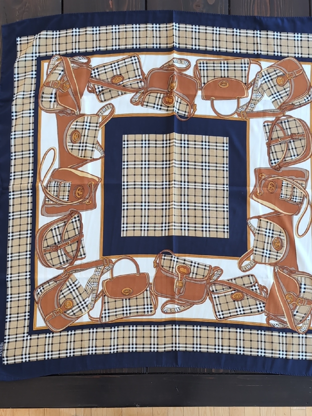 Checked & Saddle Print Silk Scarf in Navy, Tan, White 34" Square